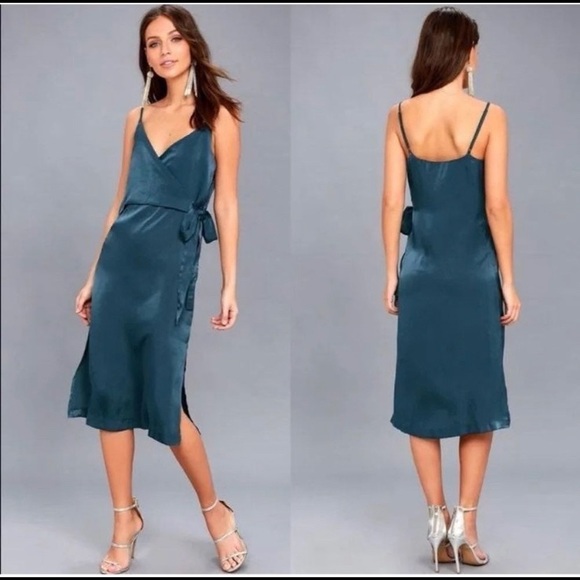 teal satin midi dress